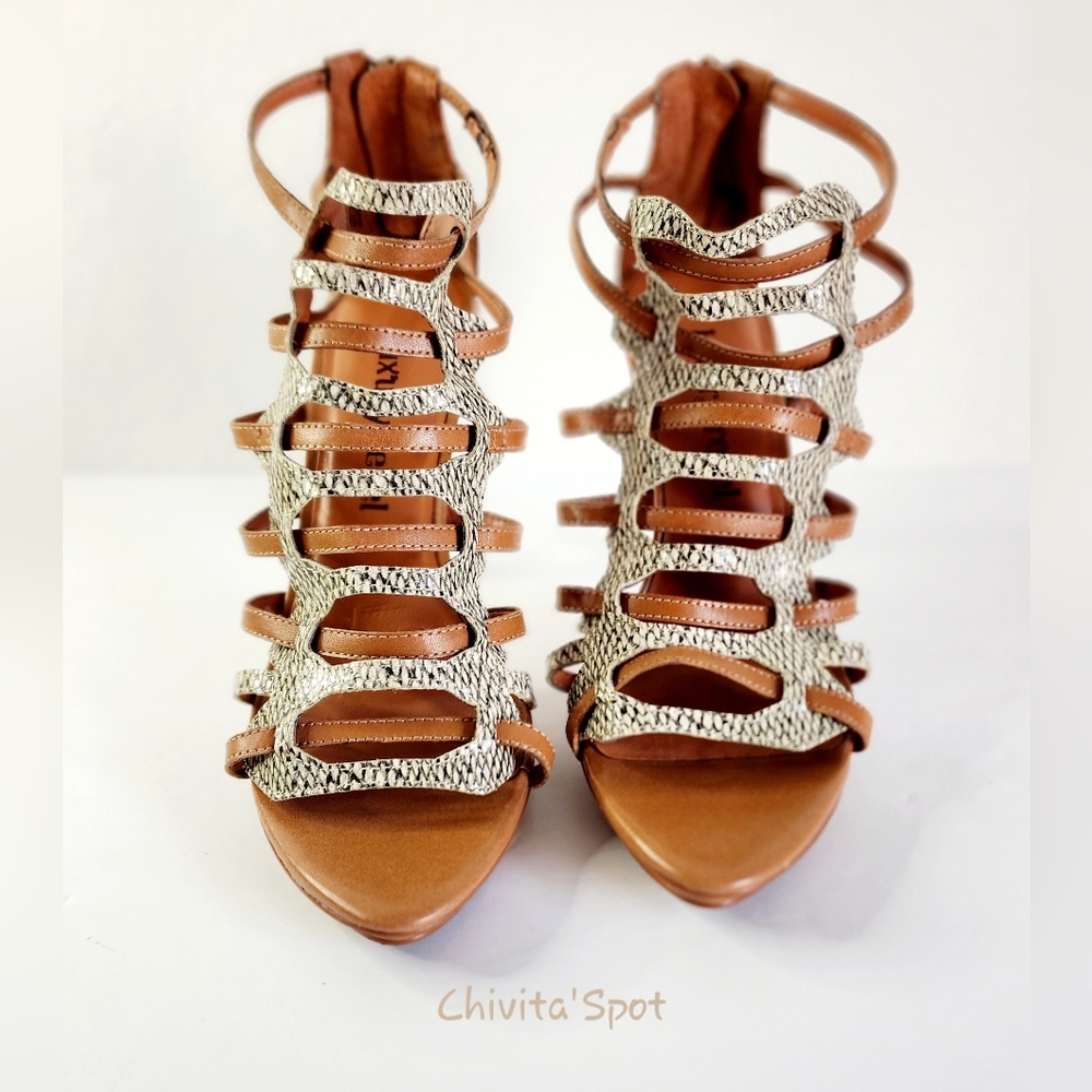 🆕️ LUXURY REBEL WEST CAGED SNAKESKIN HEELS SIZE:39 Latte/Natural buff